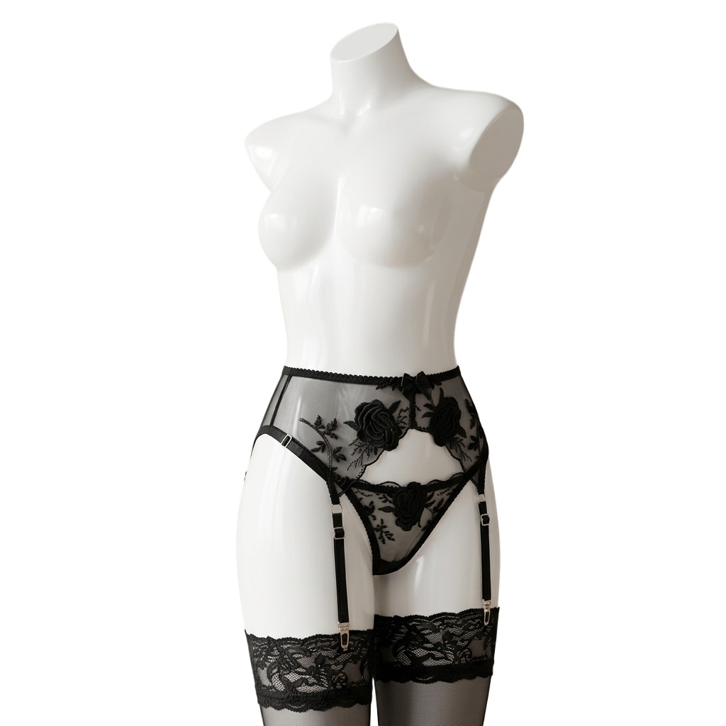 Garter Belt Set - 여성용 자수 꽃무늬 가터 벨트와 팬티