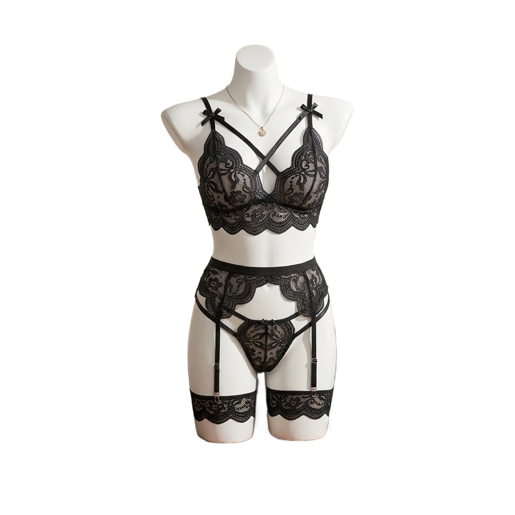 Garter Belt Set - 여성용 플로럴 레이스 란제리 세트: 스트랩과